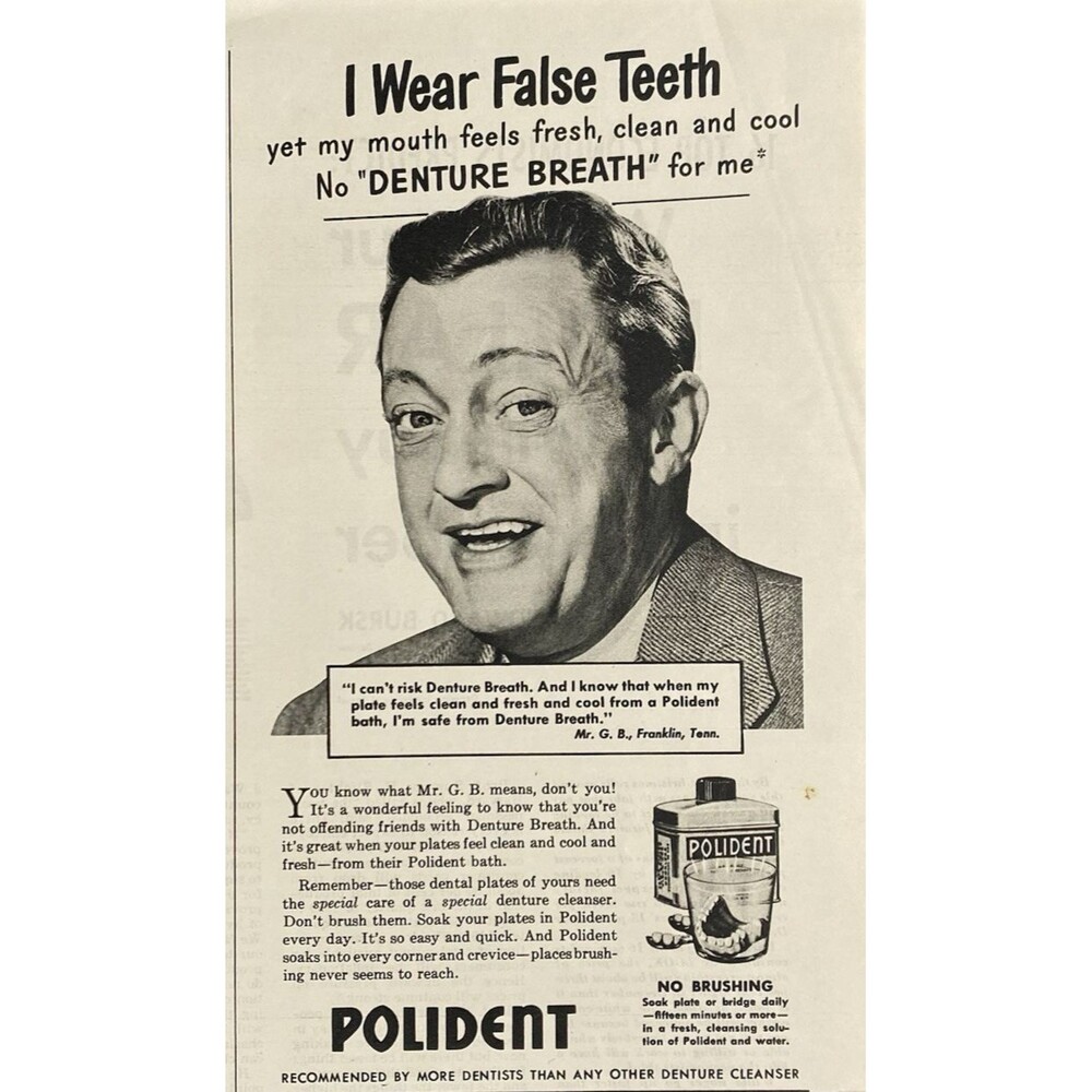 Polident Denture Bath "I wear False Teeth-No Denture Breath for Me" Print Ad '51
